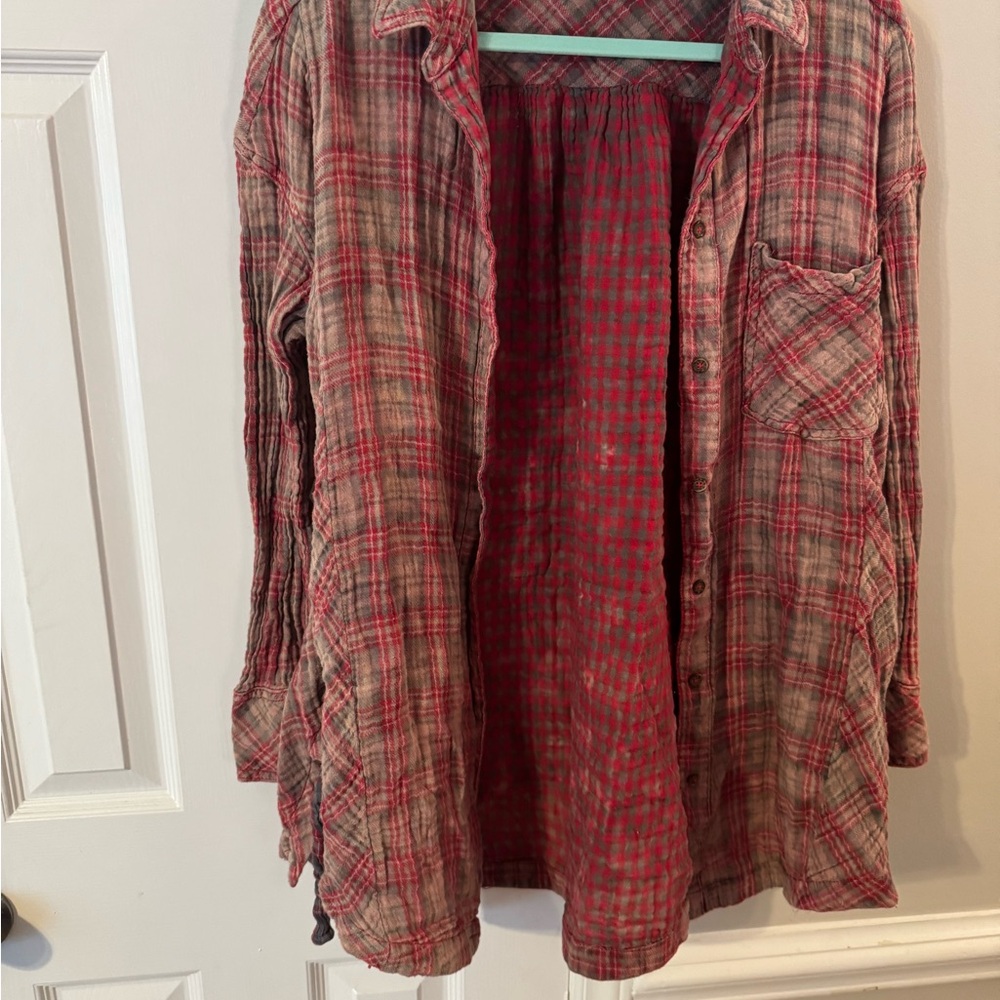 Red and Gray Plaid Button-Up Shirt